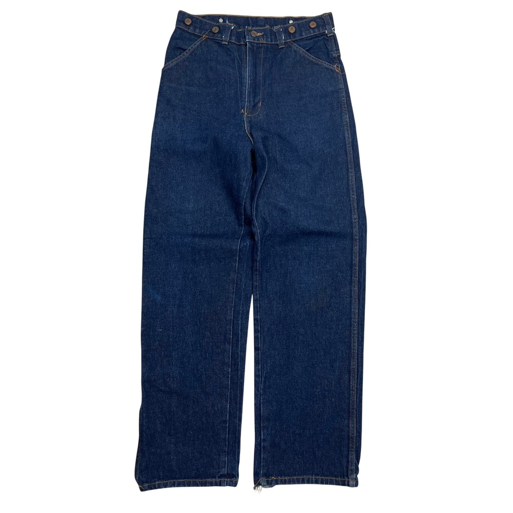 Vintage 90s Indigo Denim Work Jeans Copper Leaf Suspender Buttons 31x32 Zip Fly